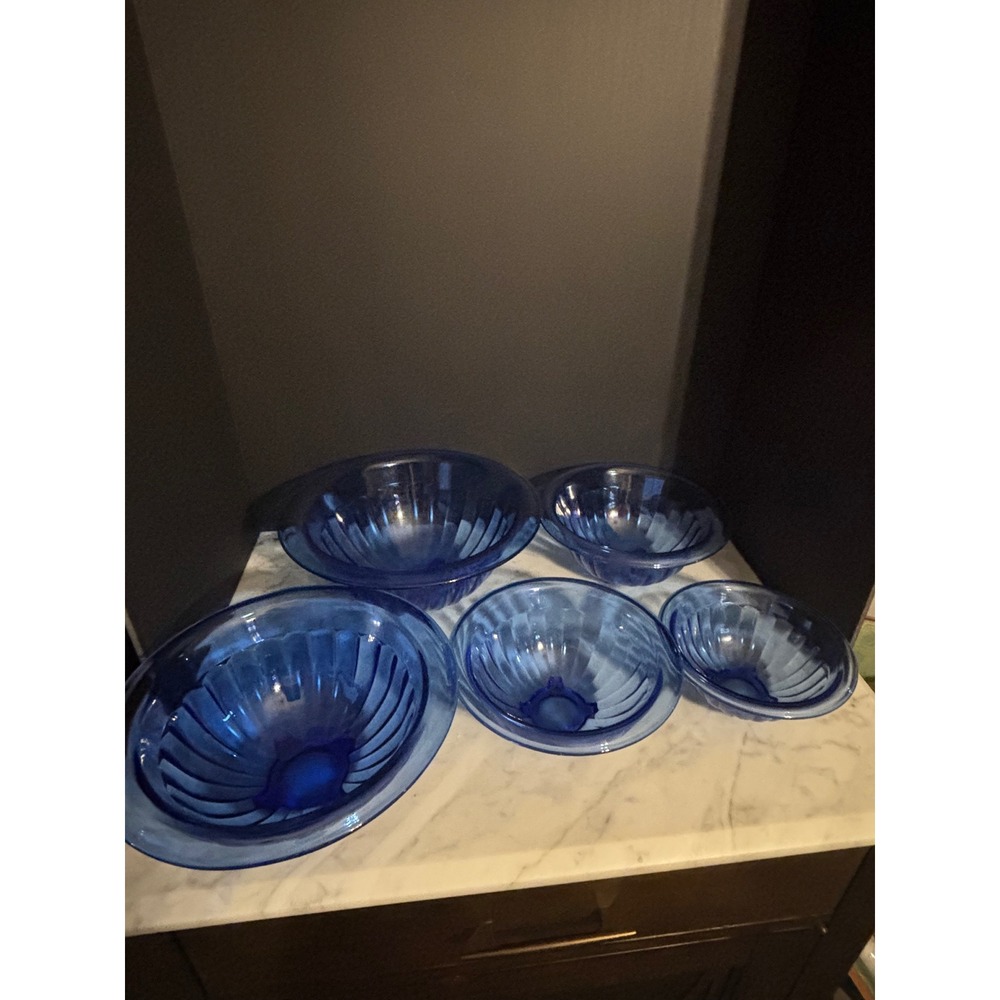 Vintage Cobalt Blue Glass Nesting Bowls Set of 5 Ribbed Fluted Footed Prep Set